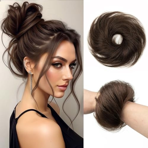 SPIKFN Echthaar Dutt Set 100% Menschliches Haar Natürliche Donut Hairpiece Hochsteckfrisur Unordentlich Haarschmuck für Damen (#2 Dunkelbraun)