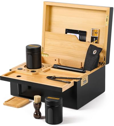 SafeDelux Premium Large Bamboo Storage Box with Removable Tray - Smell Proof Storage with 2 Glass Jars Great Father Day Gifts - 10.6'' X 7.8'' X 5.1'' (Black)