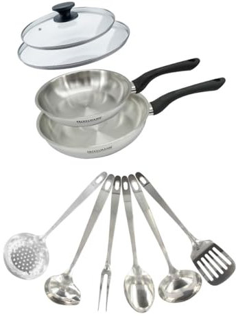 Fackelmann Ensemble Geneva 2 Poêles 20 et 24 cm Inox 18/8, 2 Couvercles Verre, 6 Ustensiles Inox, Poêle Tous Feux, Induction, Sans PFAS, Acier Inoxydable 18/8, Verre, Gris Ardoise