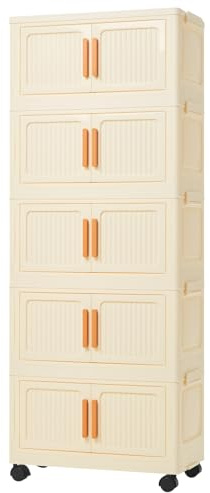 Y.H BLISSHAVEN Storage Boxes with Lid, 3/4/5-Tier Plastic Stackable Storage Cabinet, Folding Collapsible Bins with Wheels, Storage Organizer for Bedroom Living Room Office (5-Tiers)