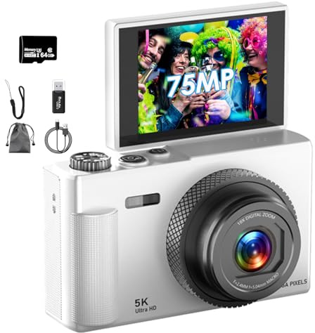 Digitalkamera, Verbesserte UHD 5K 75MP Kamera Fotoappara mit 64-GB-SD-Karte, 18X Digitalzoom, 2,83'' 180° Klappbildschirm, Aroßer Akku, Retro Tragbare Vlog Kamera für Kinder Student Anfänger (Weiß)