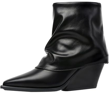 MJGkhiy Botas Texanas Mujer Bajas Camperos Boots Punta Negro Cuero Chelsea Bota Con Cuña Invierno Western Botines con Solapa Marrones Cowboy Botines con Cremallera, Negro , 40 EU