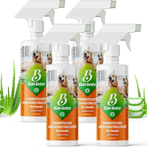 Baviette Spray 4 x 500 ml – luktneutraliserare för hundhushåll – med naturliga mikroorganismer – luktfri, klorfri och skonsam mot material – lämplig för textilier, möbler, mattor och bil