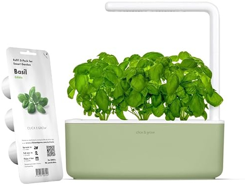 Click & Grow Smart Garden, Potager Intérieur Connecté avec 3 Capsules Prêtes à Pousser (Basilic), Éclairage et Arrosage Automatiques, Plus Facile Que la Culture Hydroponique