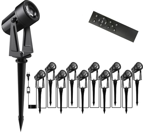Gartenbeleuchtung LED, 35m 27V Dimmbarer LED-Strahler mit Fernbedienung/Timer/4 Lichtstufen, IP65 Wasserdichter Gartenstrahler, 3000K Gartenleuchten , Gartenlampen für Außen, Garten, Hof (10 in 1)