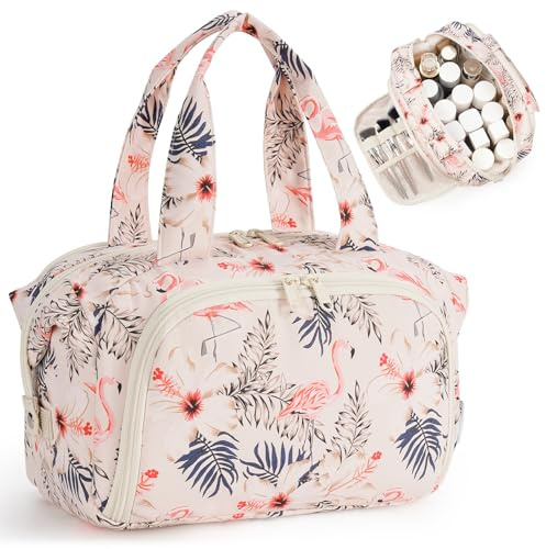 Narwey Kosmetiktasche Damen Groß Kulturtasche Kulturbeutel Waschtasche, Reise Schminktasche Make up Organizer Tasche for Travel Essentials Accessoires, Gburtstagsgeschenk für Frauen (Beige Flamingo)