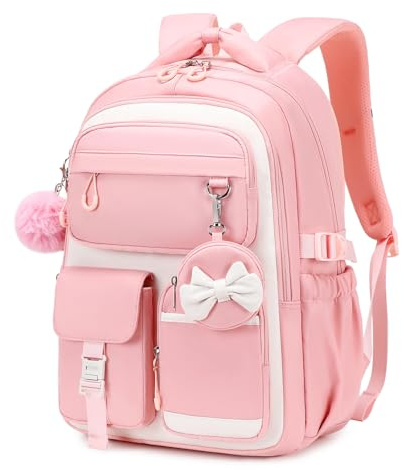 QIXIHU Girls School Backpack, Kids Cute Rucksack for Primary Secondary School, Bookbag for Girls Aged 6-12 with Bow Pouch & Pom Pom, Water-Resistant