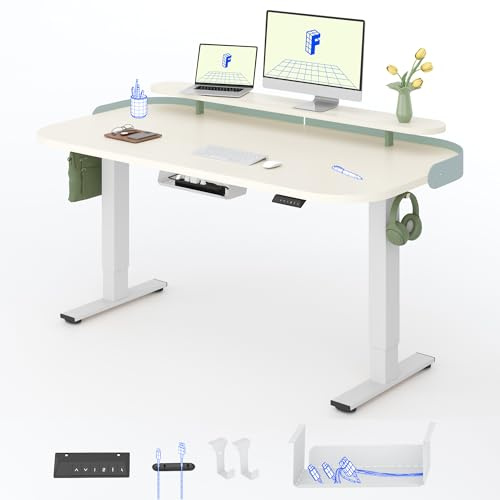 FLEXISPOT Elektrisch höhenverstellbarer Schreibtisch 140x80 cm – mit Monitoraufsatz und seitlichem Lederband, 71,5–116 cm, leiser Motor, stabil für Homeoffice (mousseweiß + Weiß Gestell)