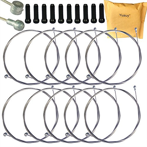 Yuauy 10pcs 2m Universal Bicycle Brake Inner Wire Cable Set for Mountain & Road Bikes + 10 Black Alloy Cable Cap End Tips