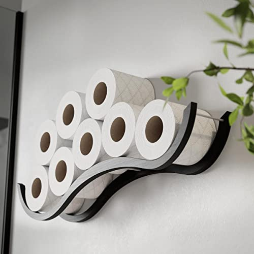 Toilettenpapier aufbewahrung Wand, Badregal aus Holz, Wellenformdesign, Ersatz-Toilettenpapierhalter (Schwarz) | Wellenformig, MDF mit Eschenfurnier, mehrere Klopapierrollen, verdeckte Befestigung, platzsparend, 60x12x10 cm