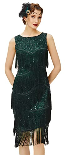Coucoland 1920s Kleid Damen Runder Ausschnitt Elegant Abendkleid mit Multi Schichten Fransen 20er Jahre Retro Stil Great Gatsby Cocktail Party Damen Fasching Kostüm Kleid