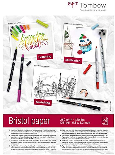 Tombow - Bristol Paper | Papel de Superficie Blanca y Brillante para Materiales Secos y Liquidos - Pack con 25 Hojas A5 - Dimensiones de 21 x 29,7 cm