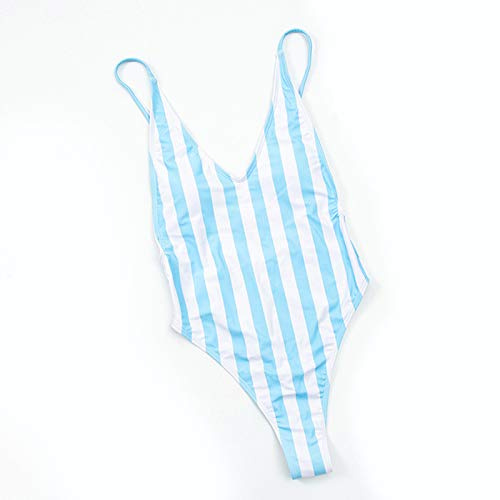 Bañador de Una Pieza Mujeres Traje de Baño Push Up con Cuello en V Corte Alto Halter Rayas Sin Respaldo Bañador Espalda Baja con Relleno Natación Playa,Azul,M