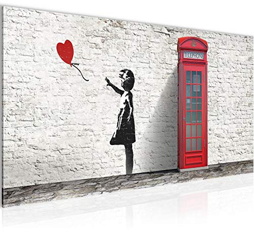 Runa Art Wandbild Banksy Girl With Ballon 1 Teilig 100 x 40 cm Modern Bild auf Vlies Leinwand Streetart Loft Wohnzimmer Rot Grau 033012c