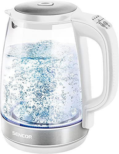 Sencor Hervidor de cristal SWK 2190WH con capacidad de 2,0 l, potencia de 2200 W, acero inoxidable, luz LED interna, 100% libre de BPA, ajuste de temperatura (50 °C a 100 °C)