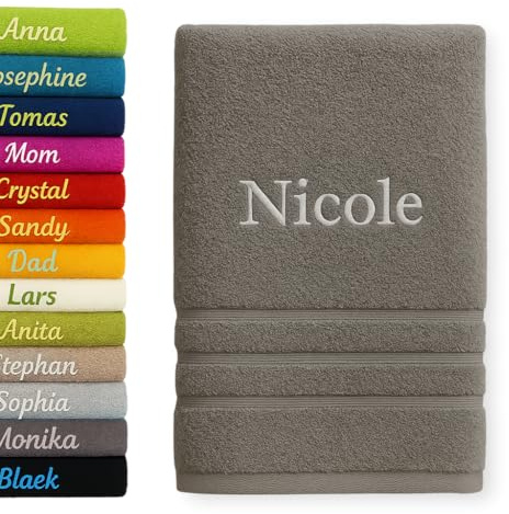 Pet-Jos Personalisiertes Handtuch Name bestickt Name Bad, Handtuch 100 x 50 cm, individuelles Badetuch, Baumwolle (grau)