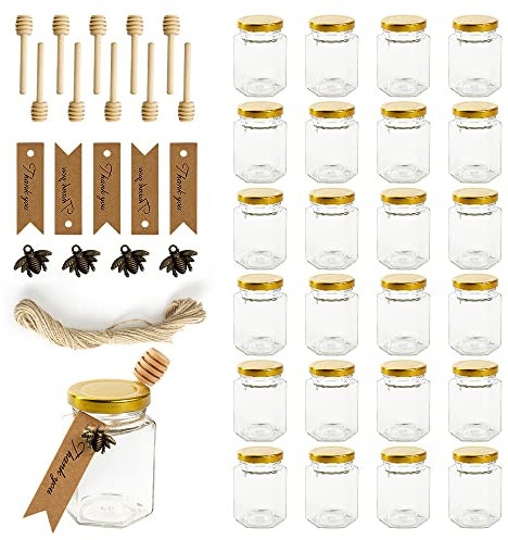 Rormket 12 Pack 4oz Glass Hexagon Honey Jars Golden Lids,Extra Wooden Honey Dipper, Bee Charms, Tag String, Baby Shower Thank You Party, Candle Crafts Glasses Canning Jar (Bronze)