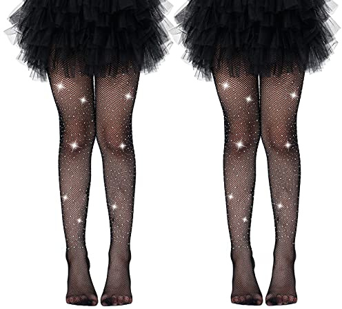 MANZI Kinder Mädchen Netzstrumpfhosen mit Glitzer Strass Schwarz/Weiß/Naturfarben 2–16 Jahre,2 Paar