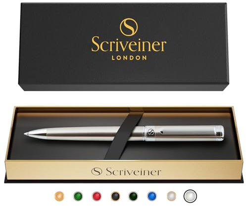 Scriveiner Tintenroller Edelstahl - Atemberaubender Luxuskugelschreiber mit Edelstahl-Finish, Schmidt Black Mine, Bestes Kugelschreiber-Geschenkset für Männer & Frauen, Beruf, Führungskraft, Büro