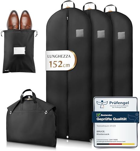 Bruce.® Kleidersack - 3x 152x60 cm Lang – Schwarz | Inkl. Schuhbeutel. Atmungsaktive Kleiderhülle, 120 GSM, für Mantel, Kleid & Kostüm – für Aufbewahrung & Reise