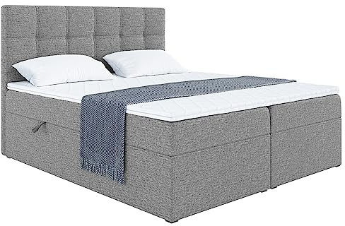 MEBLINI Boxspringbett mit Bettkasten - 180x200 - Gepolstert Doppelbett mit Matratze und Topper - Polsterbett mit Stauraum - Bett mit Kopfteil - Stauraumbett - NILS - H3/Grau Webstoff