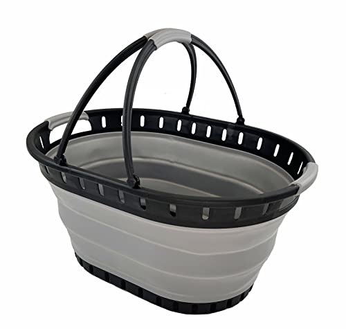 SAMMART 25L zusammenklappbarer Wäschekorb aus Kunststoff – faltbarer Pop-Up-Aufbewahrungsbehälter/Organizer – tragbares Einkaufs-Bakset – platzsparender Wäschekorb (Schwarz/Legierungsgrau)