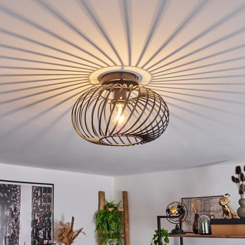 HOFSTEIN Deckenleuchte Oravi, Deckenlampe aus Metall in Schwarz, moderne Leuchte im Industrial/Retro/Vintage-Design, Lichteffekt durch Gitter-Optik, Ø 30 cm, E27, Wohnzimmer, Esszimmer, Schlafzimmer