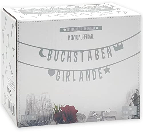 MIJOMA Buchstabengirlande individualisierbar Silber – 146 Zeichen aus Papier – Wiederverwendbare Deko für Geburtstag, Hochzeit, Feier & Junggesellenabschied