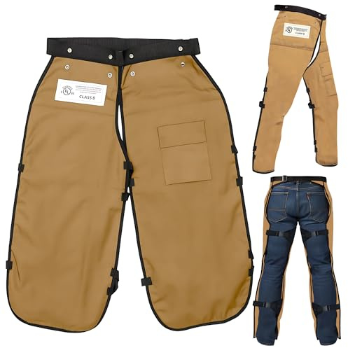 MGP SUPPLY Kettensägen-Chaps für Herren – Kettensägen-Chaps für Herren, Schürzen-Stil mit Tasche und verstellbarem Gürtel, Sicherheitsausrüstung (94 cm – Gesamtlänge, braun)