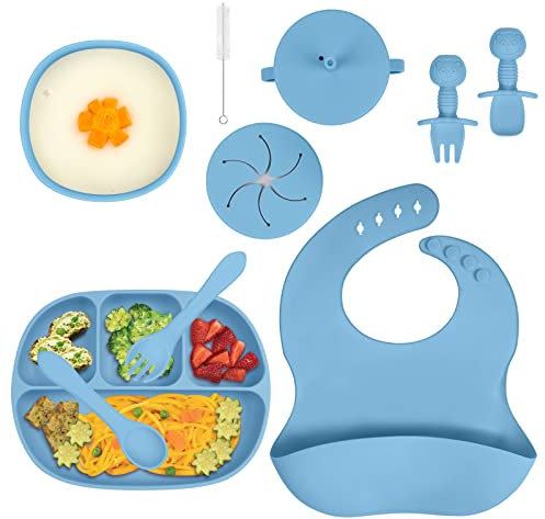 Aolso Baby Teller Kinderteller Sets, 8 Stücke Rutschfest Geschirr Sets Mit Löffel Geteilte Platte und Lätzchen, BPA-frei Kinder Geschirrset Silikon, Babyteller Schüssel für Kleinkinder Kinder(Blau)