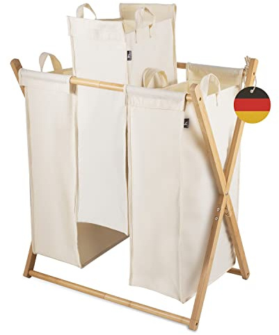 Hennez Cesto para la ropa sucia XXL – Clasificador de la colada – Cesta de la ropa de madera – Cesto de la ropa de 3 compartimentos – Sistema de clasificación de ropa de bambú – Cesta de lavandería