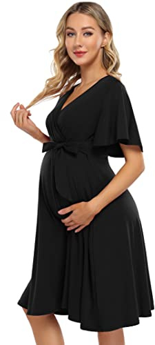 KOJOOIN Robe de maternité pour femme - Robes d'allaitement - Robe de grossesse - Robe d'allaitement - Robe 3/4 manches A-Line col V, Noir-a, L