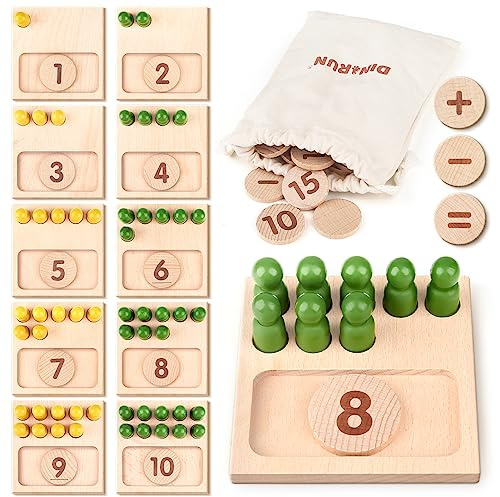 DINORUN Educational Toys for 3 4 5 Year Old Boy Girls Gifts - Preschool Learning Math and Numbers for Toddler 3+ - Math Manipulatives for Kids 3-6 - Montessori Wooden Counting Peg Board Materials