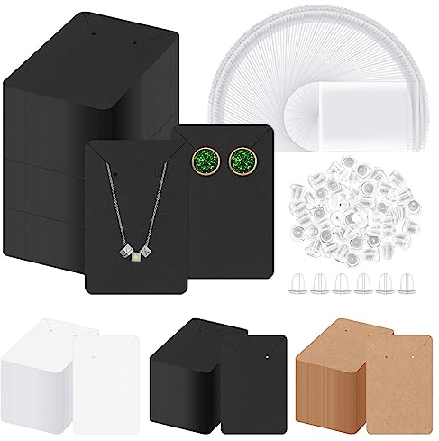 Glarks 300 Stück Ohrringkarten mit Ohrringverschlüssen und selbstverschließenden Beuteln, 9x6 cm, schwarze Ohrring-Displaykarten, Ohrringhalter, baumelnde Schmuck-Display, Ohrring-Verpackung