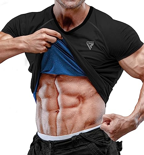 RDX Men's Sauna Shirt Heat Trapping Sweat Suit Waist Trainer - REACH OEKO TEX 100 Certified Body Shaper T-Shirt, Trimmer Hot Corset Slimming Shapewear Vest, Adults & Kids Gym Workout Fitness Tank Top