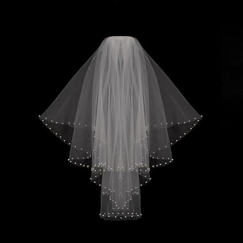 Brautschleier kurz mit Kamm Perlen Rand Tüll Brautschleier Zweischicht 75 cm Schulterlänge Hochzeit Zubehör