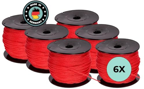 AWOTEX Pflasterschnur Rot 2,00 mm I 6 Rollen à 100 Meter I Richtschnur für Pflastern I langlebig & reißfest I Polypropylen Bauschnur auf PVC Rolle I Maurerschnur für Wasserwaage