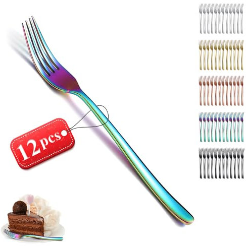 Kyraton Rainbow Dinner Forks Set of 12 Pieces, 20.5cm Colorful Titanium Plating Stainless Steel Table Forks Cutlery Set for Home, Restaurant, Hotel, Dishwasher Safe