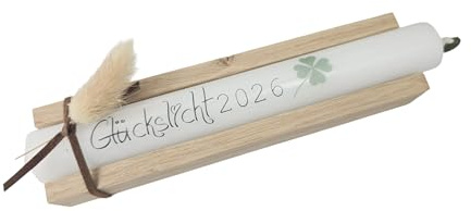 Geschenkkerzen - Stabkerze mit Spruch - Glückslicht 2026 mit Glücks-Kleeblatt - Dekoriert in Holzbox