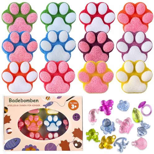 Pfoten-Badebombe für Kinder mit Überraschung im Inneren, 12pcs bunte handgefertigte natürliche Badekugel mit Kristallspielzeug, Sprudel-Badebomben-Set für Mädchen und Jungen zu Weihnachten, Geburtstag