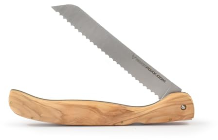 FOXXKNIFE Klappmesser Brotmesser 18,5 cm Klinge, Olivenholzgriff, Hardbox