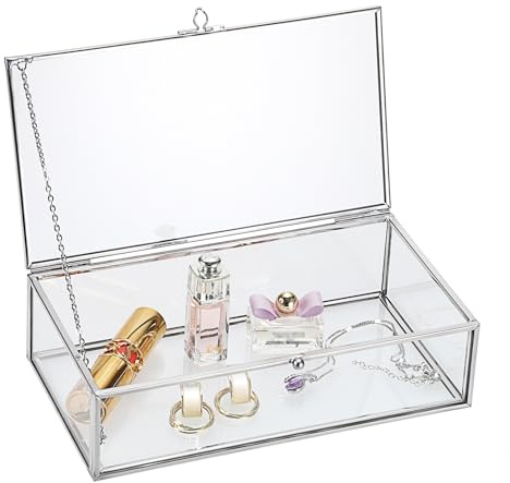 TOLIDA Large Vintage Glass Jewelry Lidded Box, Silver | Rectangle Storage Container, Tabletop Glass Display Box for Jewelry Rings Bracelets Necklaces