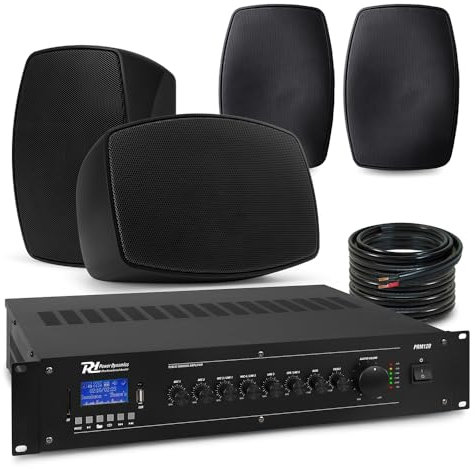 Power Dynamics BHW50BK Black Wall Speakers System with PRM120 6-CH Mixer Amplifier - Outdoor IPX5 Rated Commercial Audio Background Music System, Bluetooth, USB & SD Playback (Set of 4)