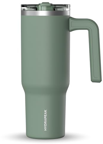 Hydrapeak Voyager 32 oz Tumbler with Handle and Straw Lid | Reusable Stainless Steel Water Bottle Travel Mug Cupholder Friendly | Insulated Cup (Sage Leaf)