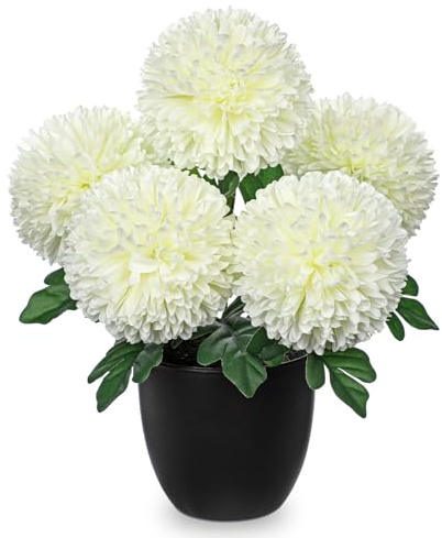 Hollyone Chrysanthème artificiel blanc en pot, 30 cm, chrysanthème en soie, boules, hortensia artificiel, fleurs décoratives pour bureau, maison, chambre à coucher, salon, décoration de table