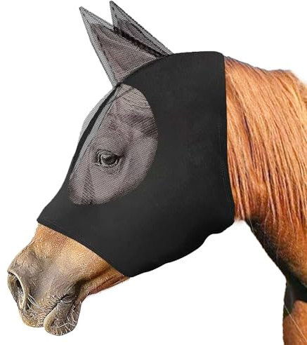 Horse Fly Mask with Ears - Experience Super Comfort! Stretchy Fly Mask with Large Eye Space & UV Protection, Soft on Skin & Breathable for Full Size Horses - Black