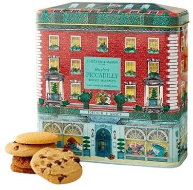 Fortnum & Mason Musical Piccadilly Biscuit Tin Selection, 300g – Ginger Biscuits, Lemon Curd & Chocolate Pearl Biscuits, Plays Handel’s Water Music