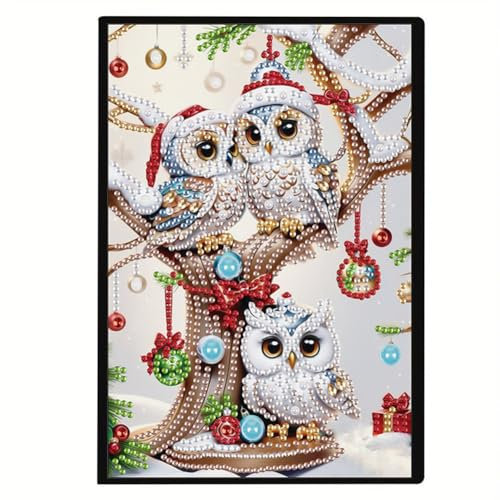 Generish Diamond Painting Vintage Notizbuch,Weihnachtseule,50 Seiten Kunstleder Blanko Tagebuch,Tagebuch mit exquisitem Musterdesign,Tagebuch Leder,Skizzenbuch,Größe A5
