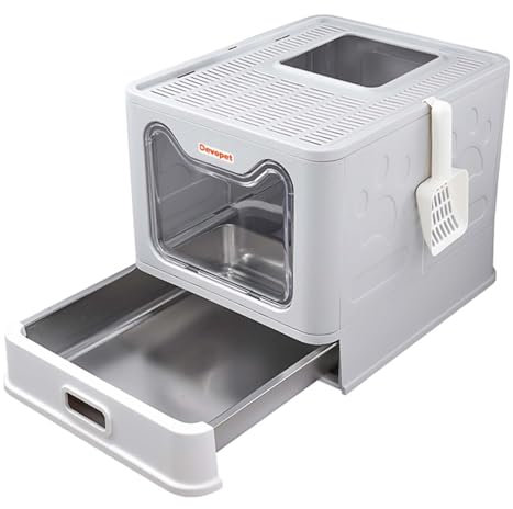 Devopet Caja de arena para gatos de acero inoxidable con tapa, cajas de arena cerradas para gatos, caja de arena de entrada superior cubierta, caja de metal grande plegable con tapa