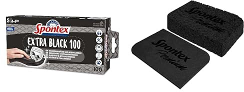 Spontex Bundle Extra Black Einmalhandschuhe aus Vinyl, Größe S, schwarz,100er Pack + Premium–Quellschwamm, schwarz, 3er Pack